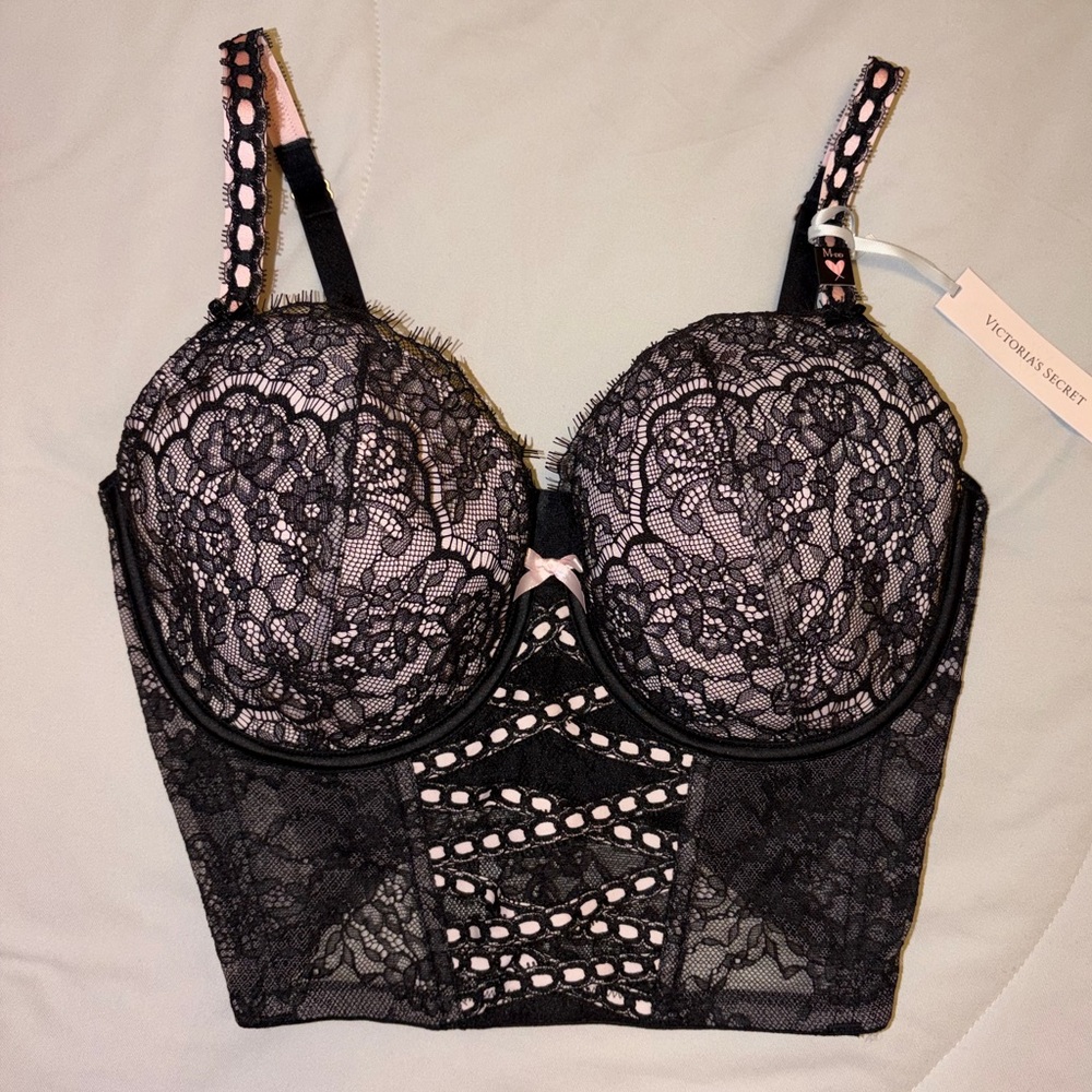 Victoria's Secret Black Lace Corset Bra Medium DD NWT